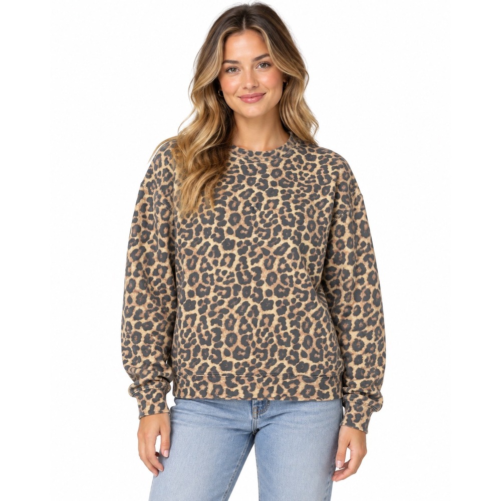 Anine Bing Women's Crewneck Sweatshirt Leopard Print Tan Black Size Medium
